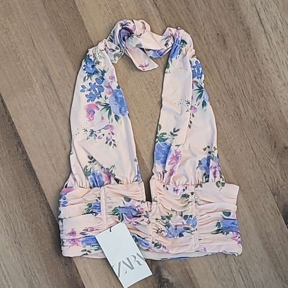 Zara Tops - NWT ZARA Halter Crop Top Pink Floral Small